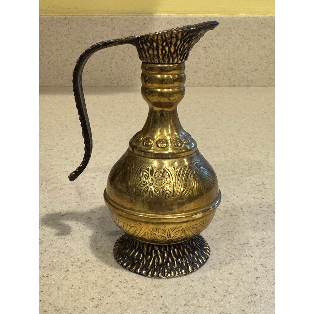 Vintage Pitcher Oil Jug Brass 4.5” JERUSALEM on handle